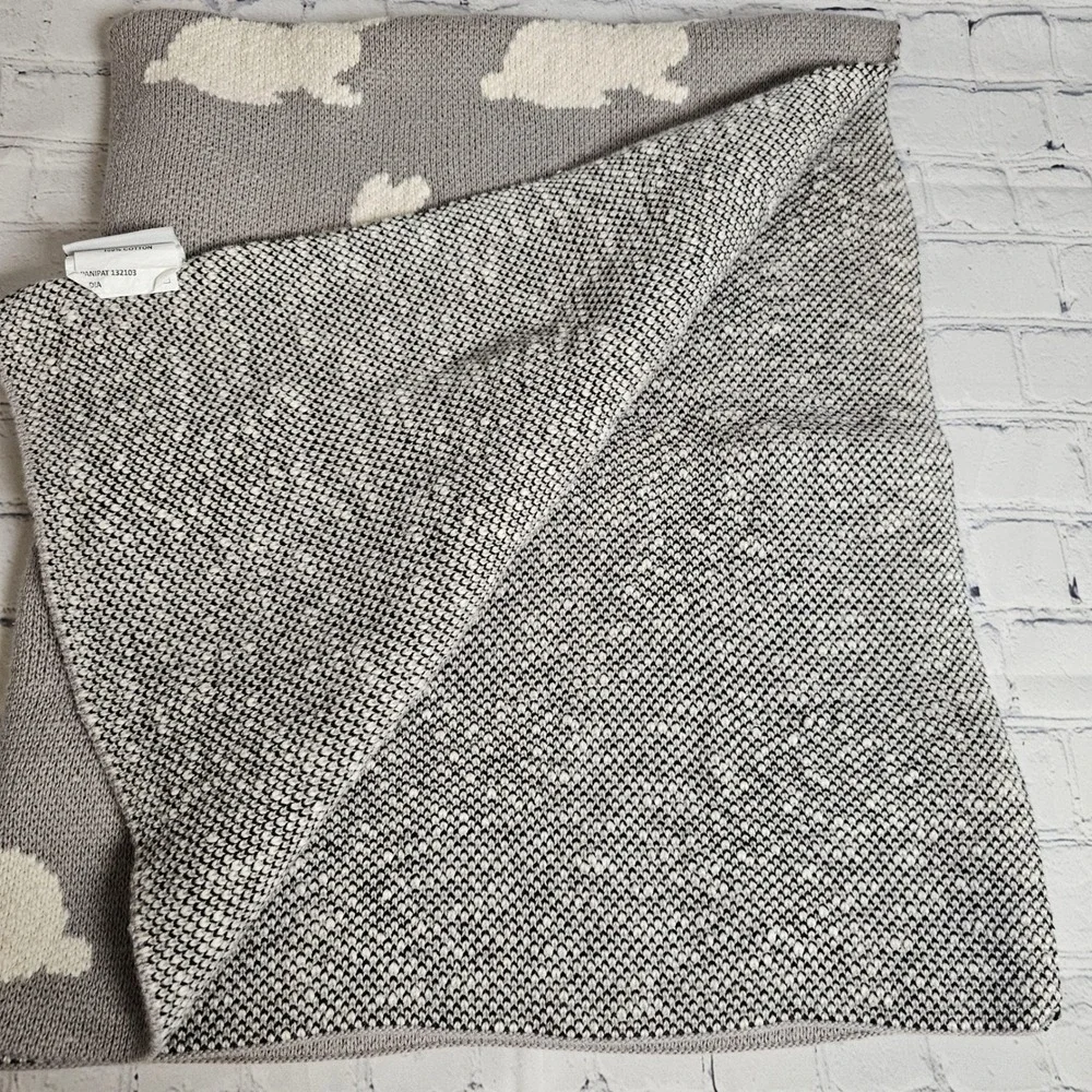 Baby Blanket Grey‎ White Bunny Rabbit 100% Cotton Knit 31x37 BUNYBL